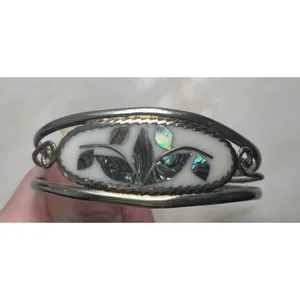 Vintage Alpaca Mexico Abalone Mother‎ of Pearl Inlay Floral Cuff Bracelet Silver thumbnail 2
