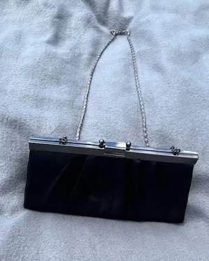 Black Satin Evening Clutch With Silver Chain Strap and Kiss Lock Frame thumbnail 1