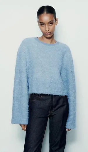 ZARA Fuzzy Knit Sweater Blue Long Bell Sleeves Cropped Top‎ Women's Large NWT thumbnail 1
