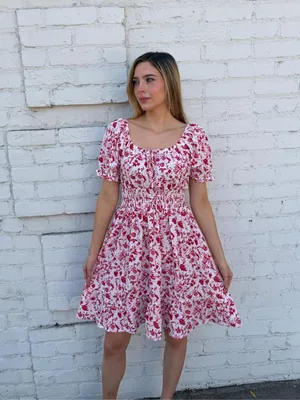 white + red milkmaid ruffled mini dress with red floral print Sz M #summer #spring #easter #milkmaid #cottagecore thumbnail 2