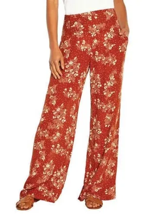 Three Dots Ladies' Hawaiian Inspired Burnt Orange Floral Crinkle Pants L thumbnail 1