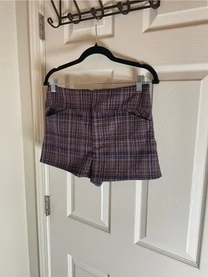 Free People Isla Plaid High Waisted Trouser Shorts Brown Navy Size 4 thumbnail 2