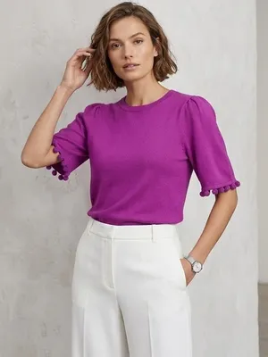 NWT Banana Republic Pink Purple Knit Pom Detail Short Sleeve Sweater Size XS thumbnail 1