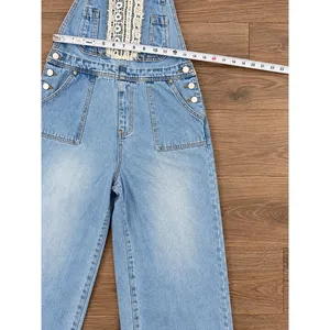 POL Light Wash Denim Overalls Size M Crochet Lace Wide Leg Boho thumbnail 9