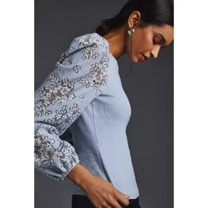 NWOT Anthropologie DOLAN Lace Puff-Sleeve Top Blue Size L Long sleeve thumbnail 3