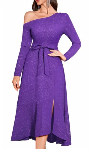 NEW Formal Glitter Wedding Guest Cocktail Formal 1 Shoulder Long Sleeve Dress L thumbnail 1