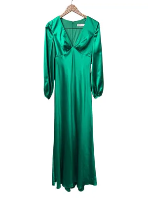 Mac Duggal Long Sleeve Empire Waist Satin Gown Maxi Dress Emerald Green 6 thumbnail 3