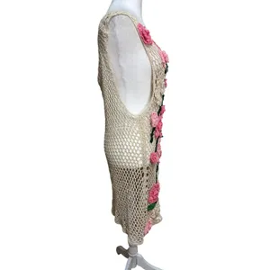 Crochet Floral Swim Cover Up Dress Beige Pink Stretch Boho Beach Festival OSFM‎ thumbnail 3