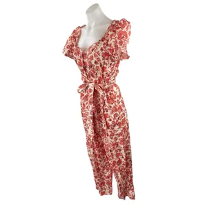 Find Me Now Red Floral Short Puff Sleeve Smocked Tie Waist Crop Jumpsuit Size M thumbnail 3