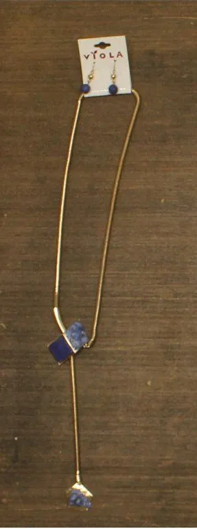 NWT Viola Lariat Pull Adjustable Necklace Dangly Earring Set Gold / Blue thumbnail 1