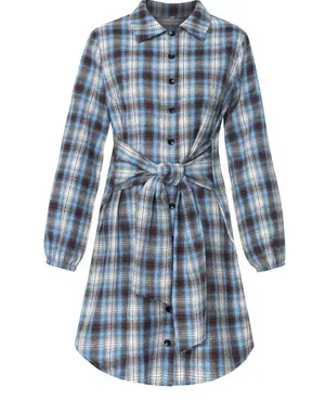 Blue Plaid Flannel Button Front Shirt Dress with Sash Front Tie Casual Western thumbnail 4