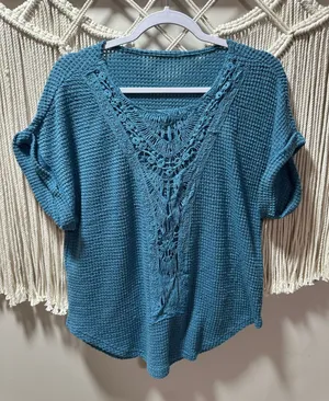 Amazon Teal Open-Knit V-Neck Short Sleeve Sweater thumbnail 1
