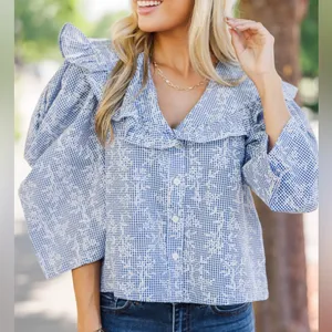 NEW Gigio Gingham Floral Puff Sleeve Top size small blue ruffle boho NWT blouse thumbnail 1