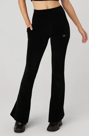 Alo Micro Corduroy High-Waist Winter Break Flare Pants Size XXS in Black thumbnail 1