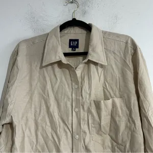 Gap Linen Rayon Button Down Shirt Khaki Tan XL Coastal Preppy Neutral Euro thumbnail 6