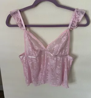Dolls Kill Avidlove pink, sheer, floral lace, coquette, ruffle baby doll crop tank S thumbnail 1