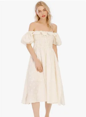 Boutique Womens Summer Floral Print Puff Sleeves Vintage Ruffles Midi Dress, Lightyellow, Small thumbnail 2