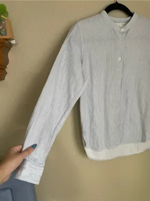 Muji Stand Alone Collar Button Front Long Sleeve Size XS Cotton Micro Stripe thumbnail 9