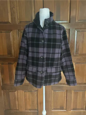 Vtg Woolrich Women M Purple Black Plaid Wool Jacket Quilted Sherpa Collar‎ Coat thumbnail 2