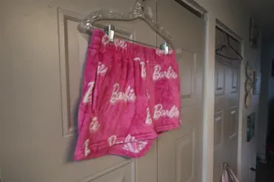 Barbie cursive "barbie" all around sleep shorts plush in hot pink and white size medium. thumbnail 3