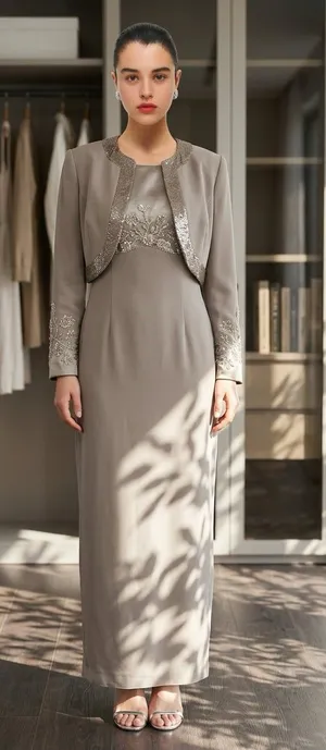 Jovani New York Beaded 2-Piece Evening Gown and Bolero Jacket Set, Taupe thumbnail 1