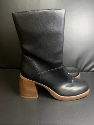 Black Faux Leather Mid-Calf Boots with Stacked Block Heel thumbnail 3