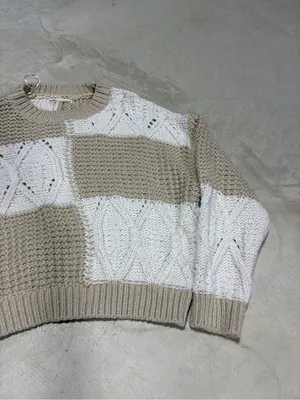 Pull & bear Beige and White Patchwork Cable Knit Sweater small thumbnail 6