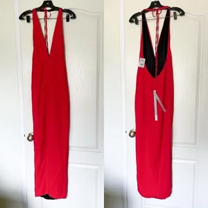 Art259Design Dress Backless‎ Halter Slit Crinkle Midi Red S NWT thumbnail 2
