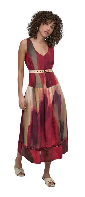 NWT DKNY Abstract Midi V-Neck Belted Dress P5EBTBEK Brush Stroke Brown Multi 6 thumbnail 1