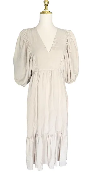 Hunter Bell Linen Blend Midi Dress M Natural Puff Sleeve V Neck Cottagecore thumbnail 1