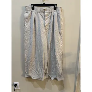 Free People High Rise Super Wide Leg Cuffed Khaki Trousers Pleated Size Large thumbnail 2