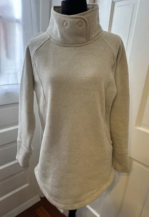 Prana Funnel Neck Pullover Sweater Beige Heather Women’s Large Snap Collar Cozy thumbnail 1