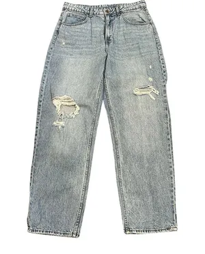 H&M &Denim Distressed Ultra High Waist 90’s Baggy Jeans Light Wash US 12/EU 44 thumbnail 3