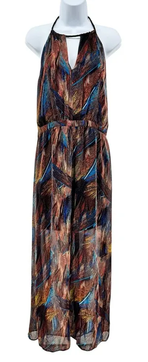 GUESS Jet Black Multi Maxi Dress Size L NWT Halter Neck Backless Boho Glam‎ thumbnail 1