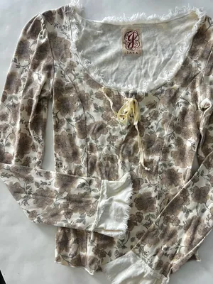 Jaya Vintage VTG Cotton Floral Cream Cottagecore Prairie 90s Lace Up Bell Top S thumbnail 3