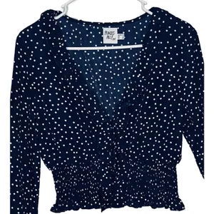 Princess Polly Top Womens Size 8 Blue Long Sleeve Ruffle White Polka Dot Crop thumbnail 4