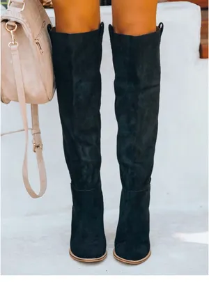 Women’s Black Suede Knee-High Block Heel Boots thumbnail 2