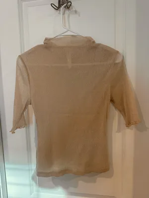 Anthropologie Lurex Mesh Top Mock Neck Lettuce Edge Knit Top thumbnail 4