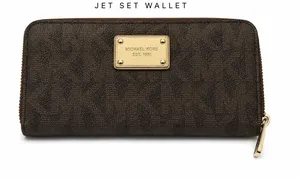 Michael Kors Jet Set Brown Signature Zip Around Wallet Gold Tone Logo Large thumbnail 1