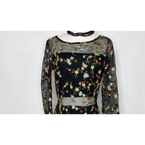 Lucy Paris Black Floral Embroidered Mesh Dress Sheer Overlay Romantic Size S thumbnail 7