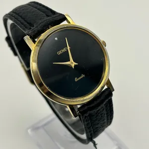 Geneva Gold-tone Black Dial & Leather Strap Minimalist Watch Working thumbnail 3