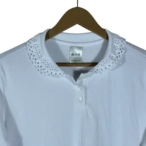 Blair Eyelet Lace Trim Solid Polo Shirt White Cottagecore Coquette Size M thumbnail 2