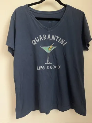 Life Is Good Women's Quarantini V-Neck Tee - Blue with Green Accent thumbnail 1