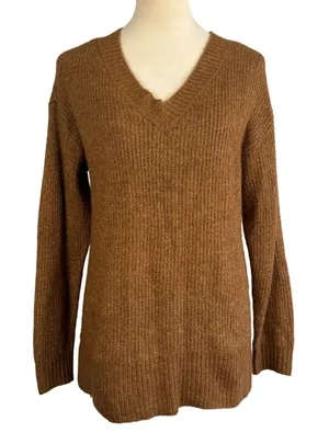 Nine West Metallic Sparkle Knit V Neck Long Sleeve‎ Sweater Brown Womens Small Minimalist thumbnail 1