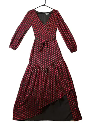 Lovers and Friends Augustus Long Sleeve Gown Red Black Polka Dot‎ Print Sz S thumbnail 1