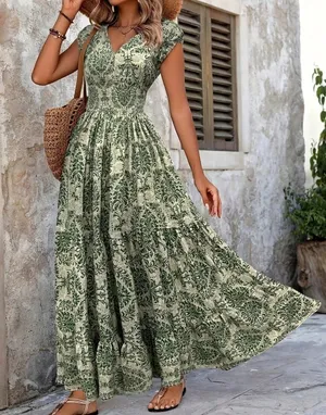 Forest Green V-Neck Floral A-Line Maxi Dress thumbnail 3