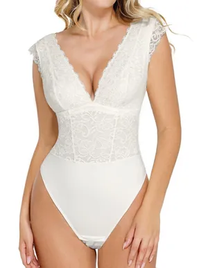 NWT Popilush Lace Bodysuit‎ White Deep V Thong Shapewear Tummy Control Small thumbnail 1