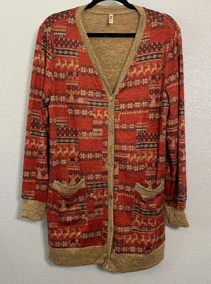 Fair Isle Reindeer Long Cardigan XL Festive Ugly Christmas Sweater Holiday Knit thumbnail 1