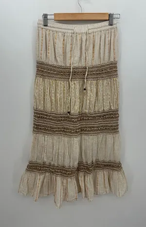NAOO Womens Boho Maxi Skirt Size L Cream Shimmer Tiered Gypsy Hippie‎ Earthy thumbnail 1