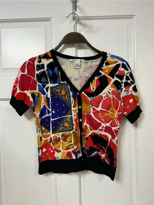 Peter Nygard Colorblock Floral & Geometric Short Sleeve Cardigan thumbnail 2